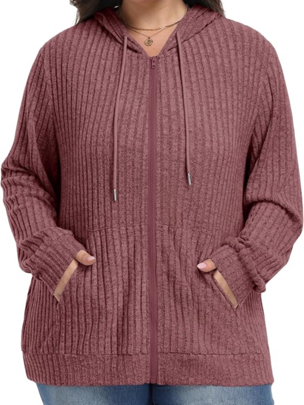 Plus Size Ribbed Zip Up Hoodie Size 1X